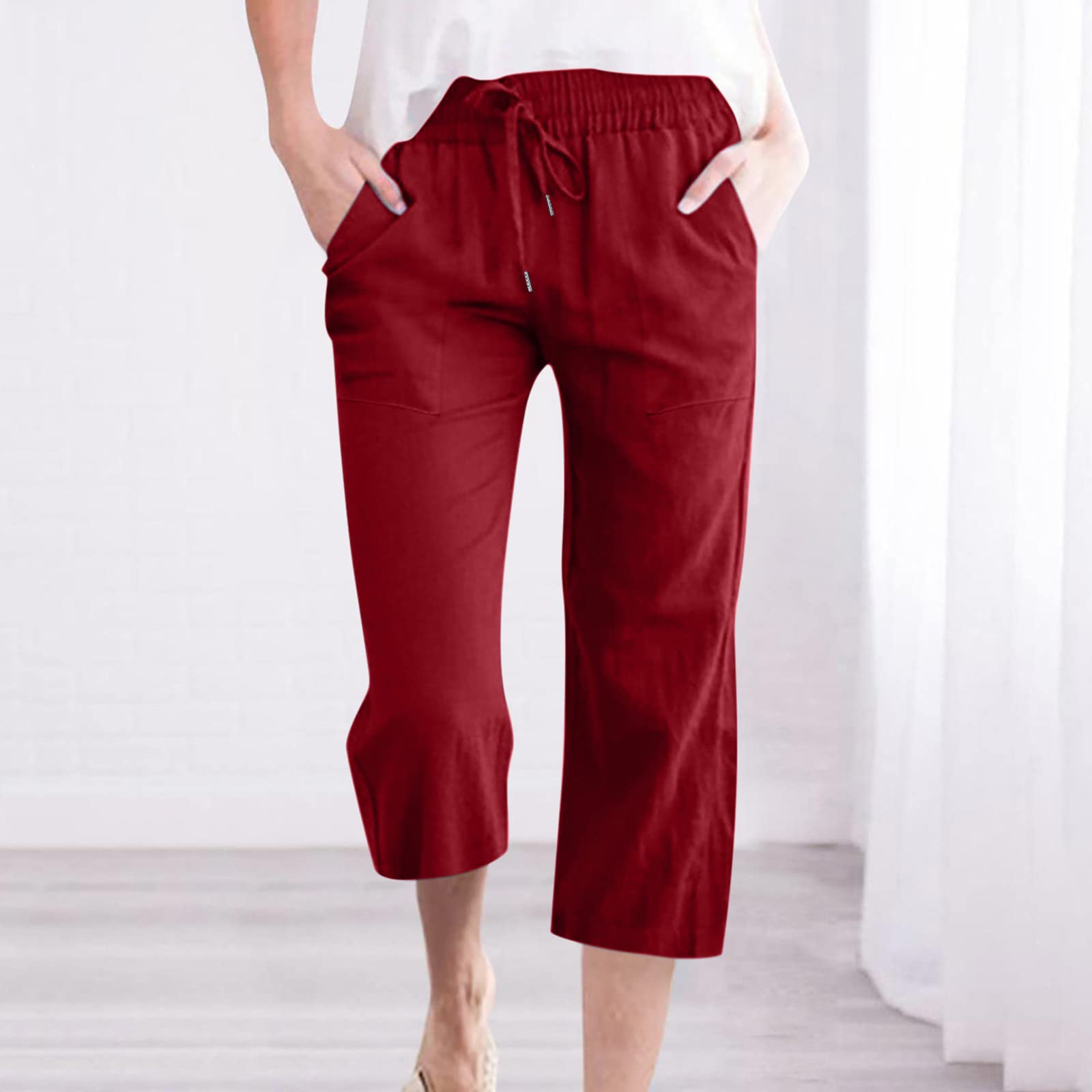 Foto 3 pulgar | Pantalones Capri Para Mujer, Algodón Y Lino, Casual, Verano, Color Rojo C07, Talla L - Venta Internacional.