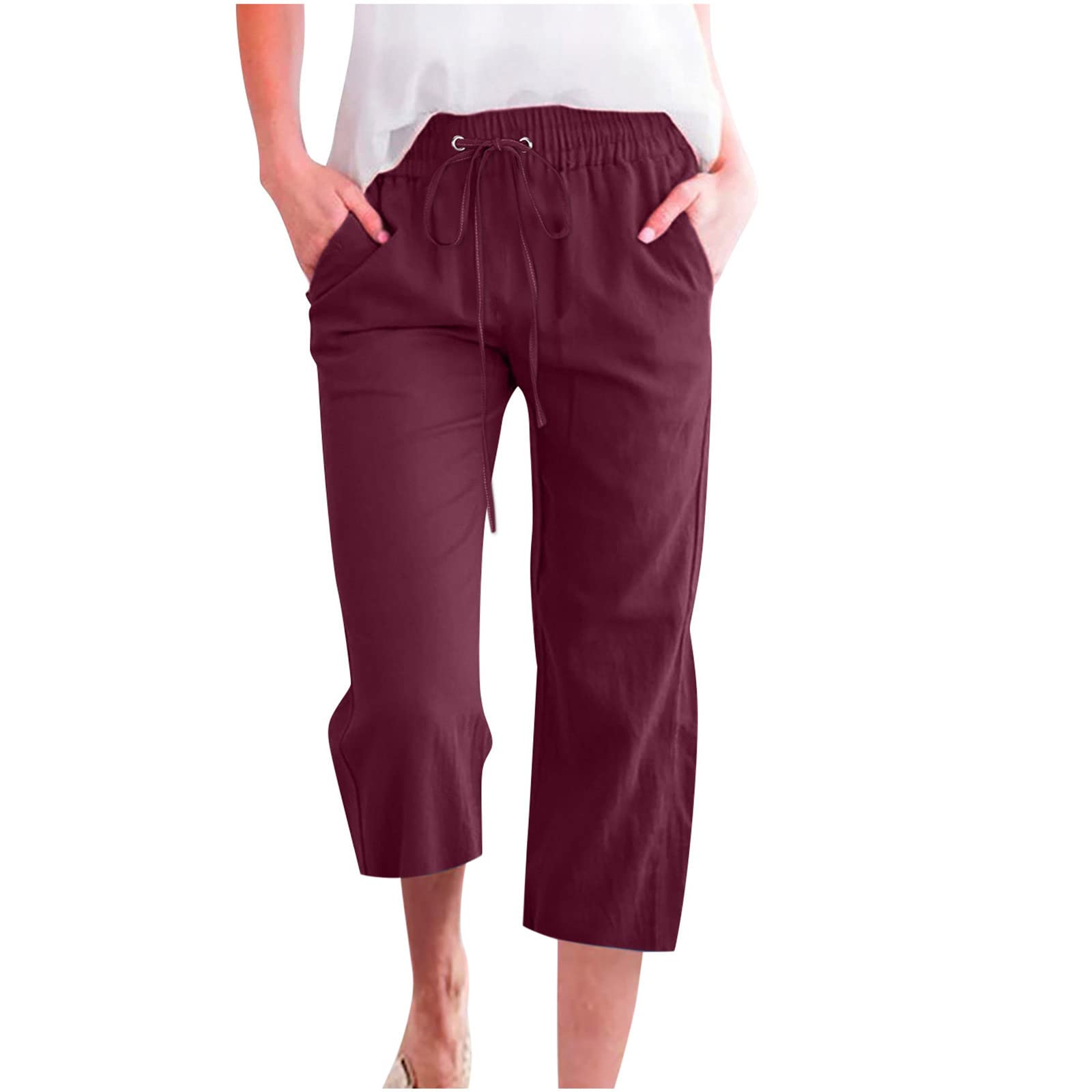 Foto 2 pulgar | Pantalones Capri Pequeños De Lino Con Cintura Elástica Con Cordón Para Mujer - Venta Internacional.