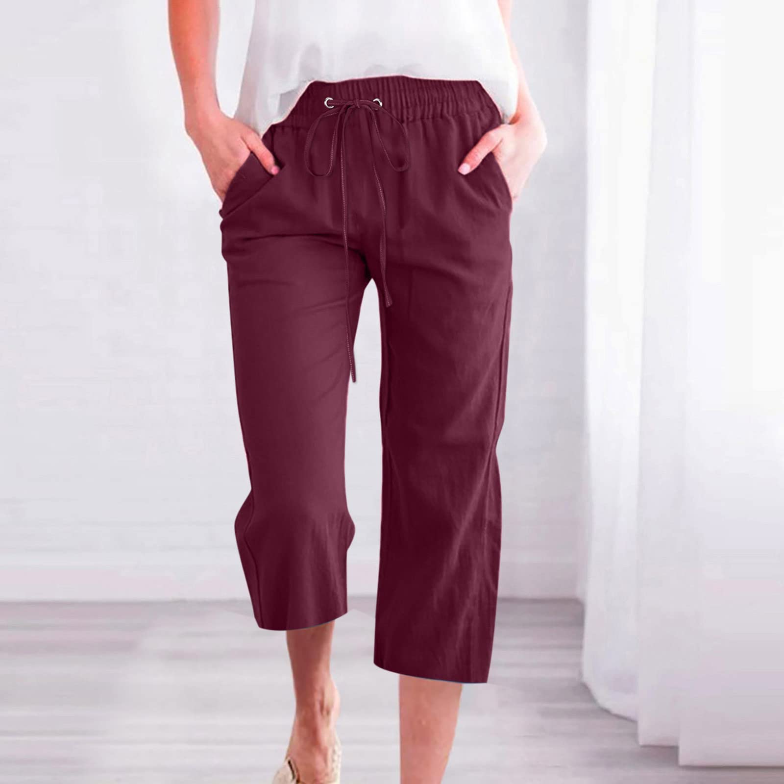 Foto 3 pulgar | Pantalones Capri Pequeños De Lino Con Cintura Elástica Con Cordón Para Mujer - Venta Internacional.