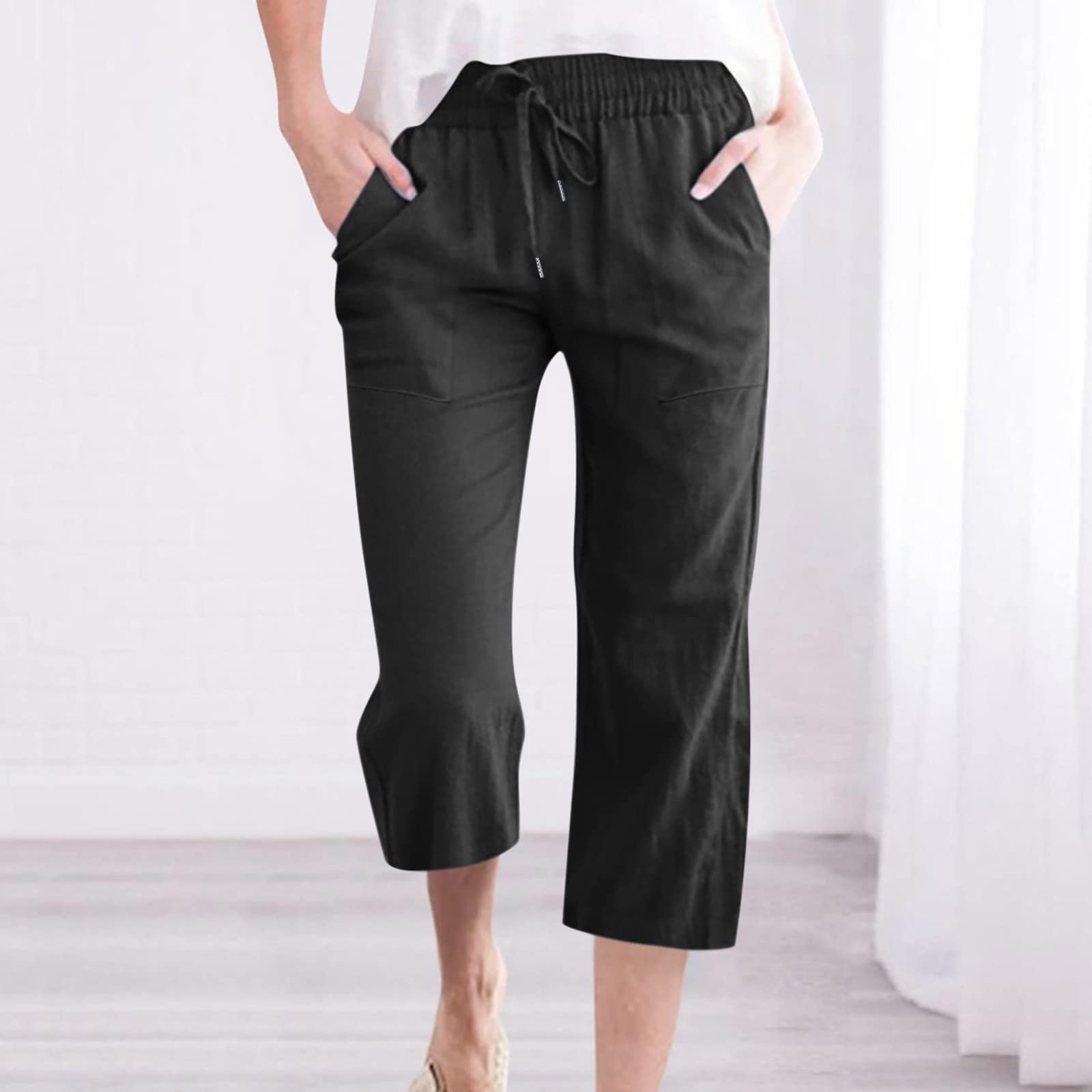 Foto 3 pulgar | Pantalones Capri Lightning Deals De Lino De Cintura Alta Para Mujer, Negros - Venta Internacional.