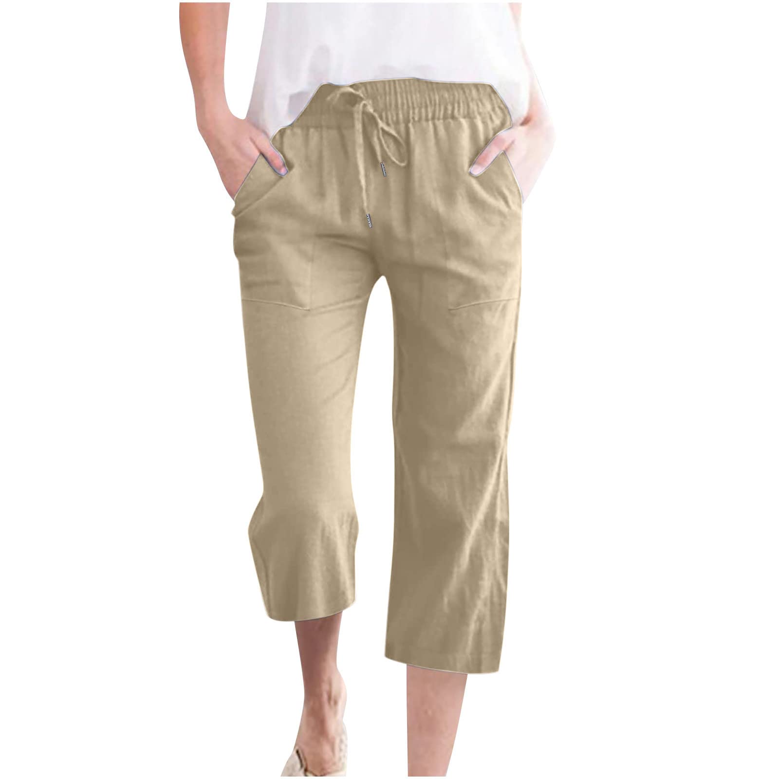 Foto 1 | Pantalones Capri De Algodón Y Lino Para Mujer, Informales, Holgados, De Verano, C06, Color Caqui - Venta Internacional.