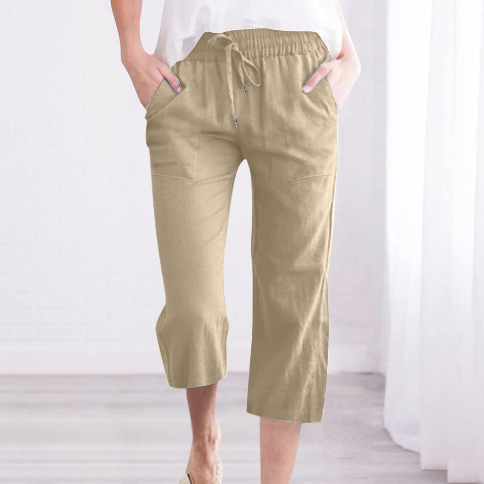 Foto 3 pulgar | Pantalones Capri De Algodón Y Lino Para Mujer, Informales, Holgados, De Verano, C06, Color Caqui - Venta Internacional.