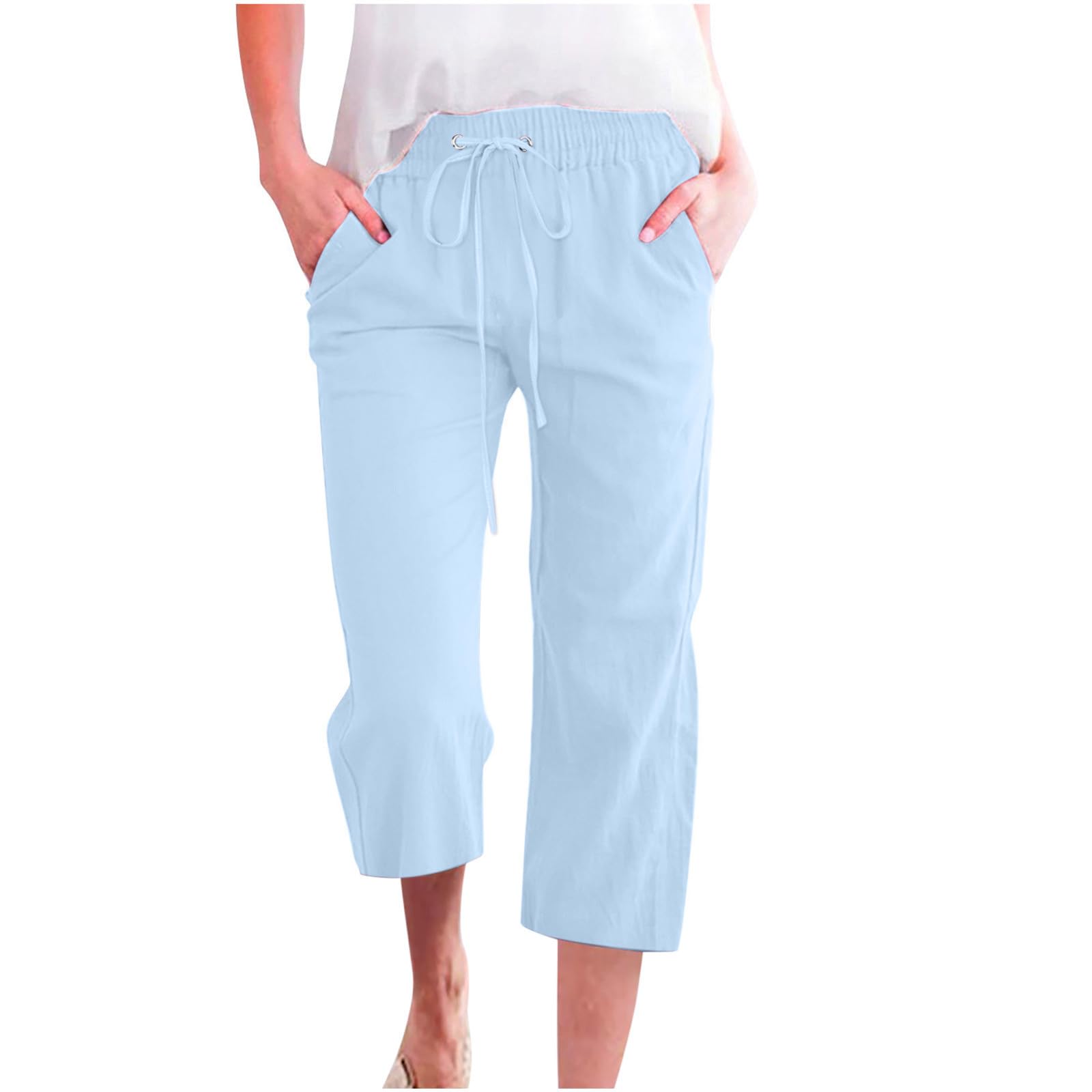 Foto 2 pulgar | Pantalones Capri Lightning Deals Para Mujer, Lino, Talla Pequeña, Azul Claro - Venta Internacional.