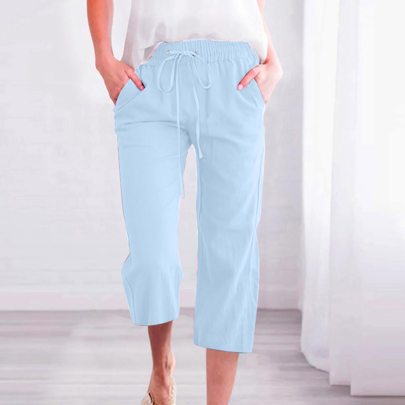 Foto 3 pulgar | Pantalones Capri Lightning Deals Para Mujer, Lino, Talla Pequeña, Azul Claro - Venta Internacional.