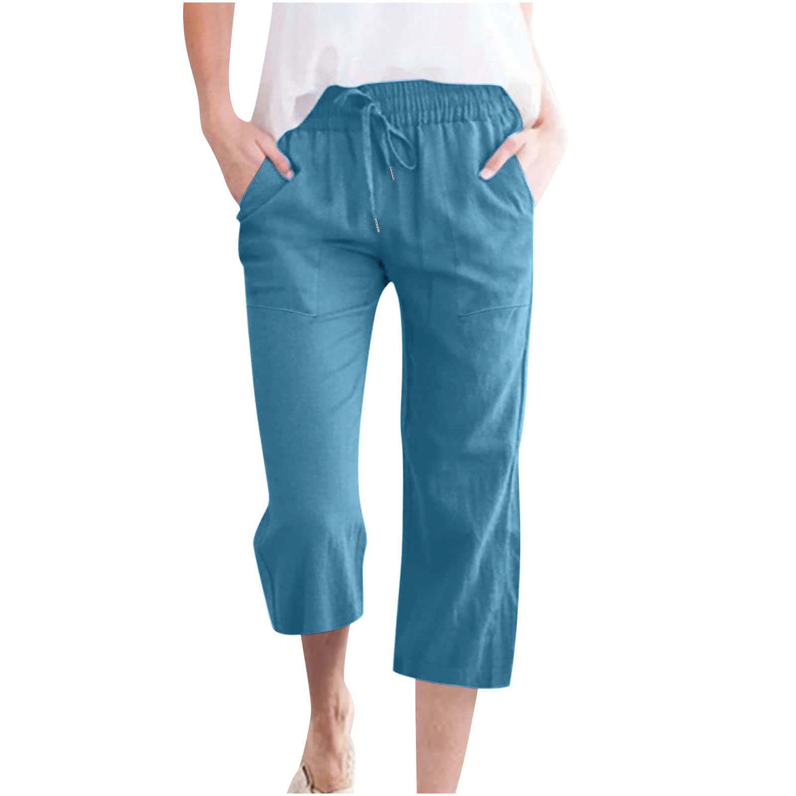 Foto 2 pulgar | Pantalones Capri Genéricos De Verano Con Cordón De Lino D01 Azul Oscuro - Venta Internacional.