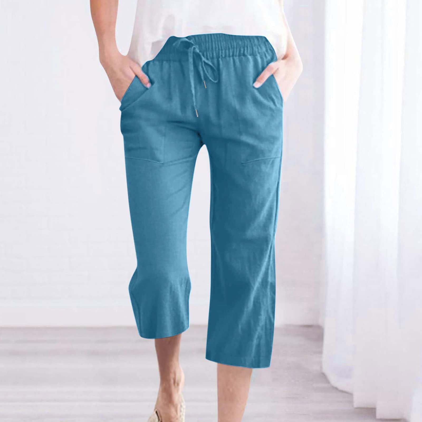 Foto 3 pulgar | Pantalones Capri Genéricos De Verano Con Cordón De Lino D01 Azul Oscuro - Venta Internacional.