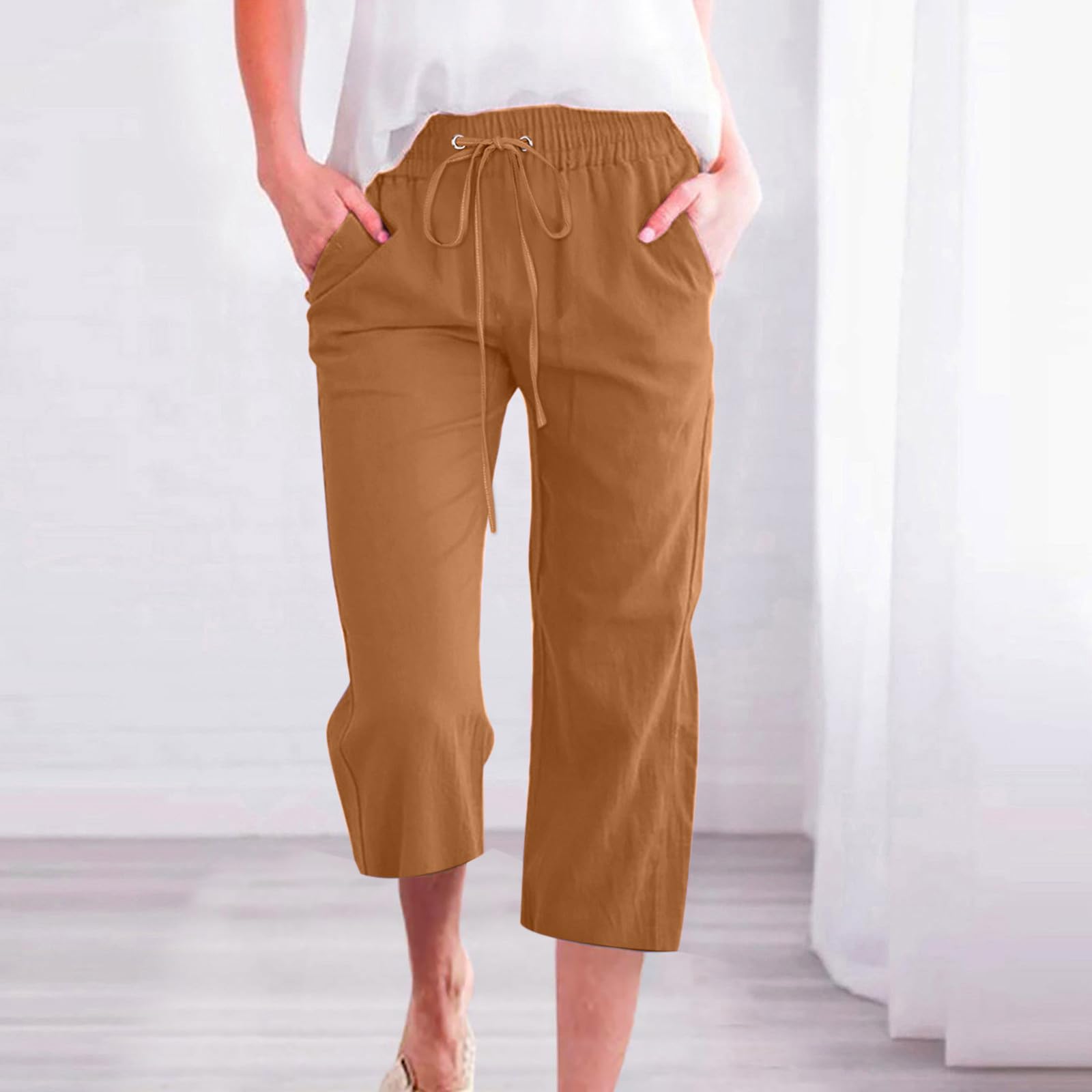 Foto 3 pulgar | Pantalones Capri Genéricos Sin Cordones Para Mujer De Lino Con Cordón D03 - Venta Internacional.