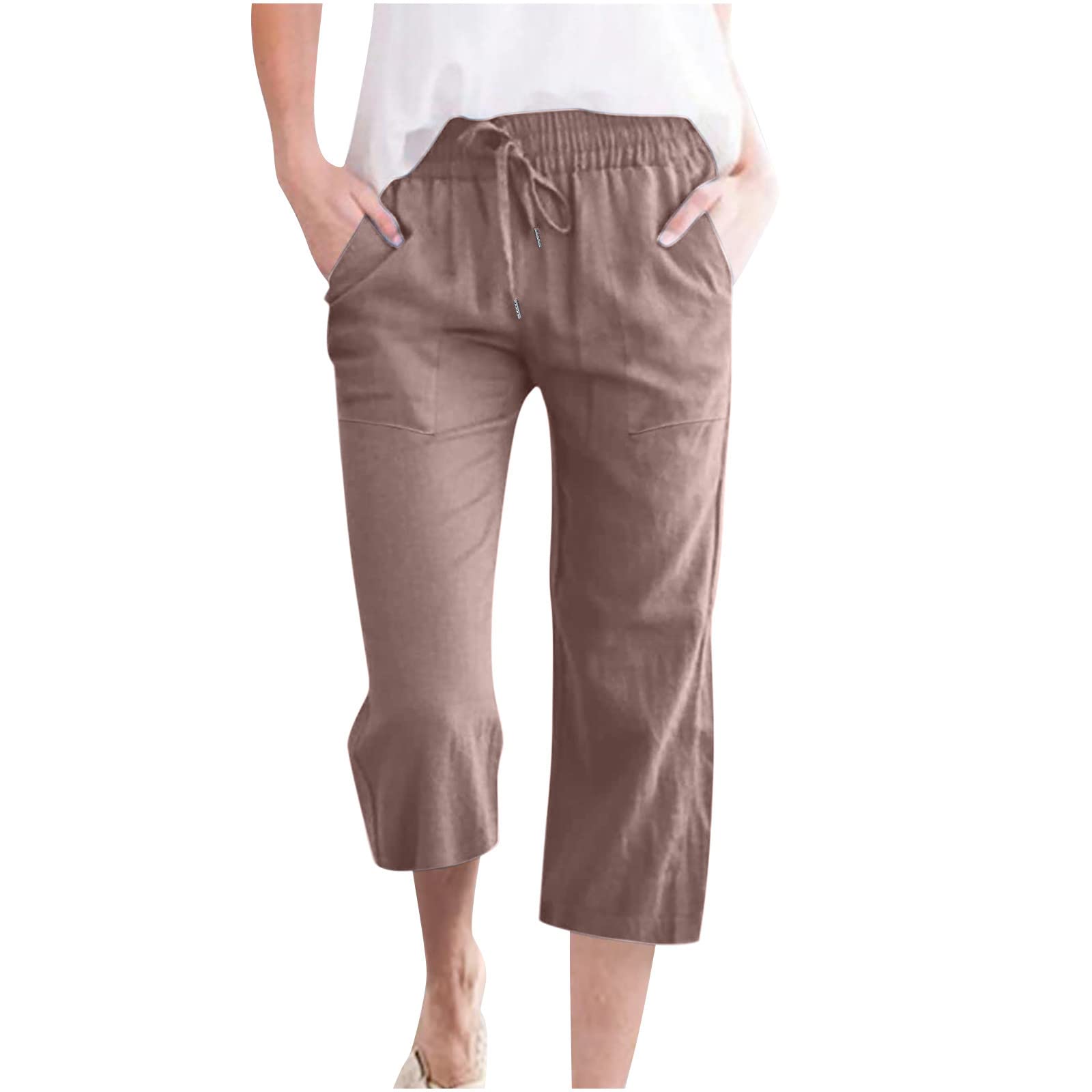Foto 2 pulgar | Pantalones Capri De Lino Marrón Con Bolsillos Para Mujer, Verano 2025, Xxxxl - Venta Internacional.
