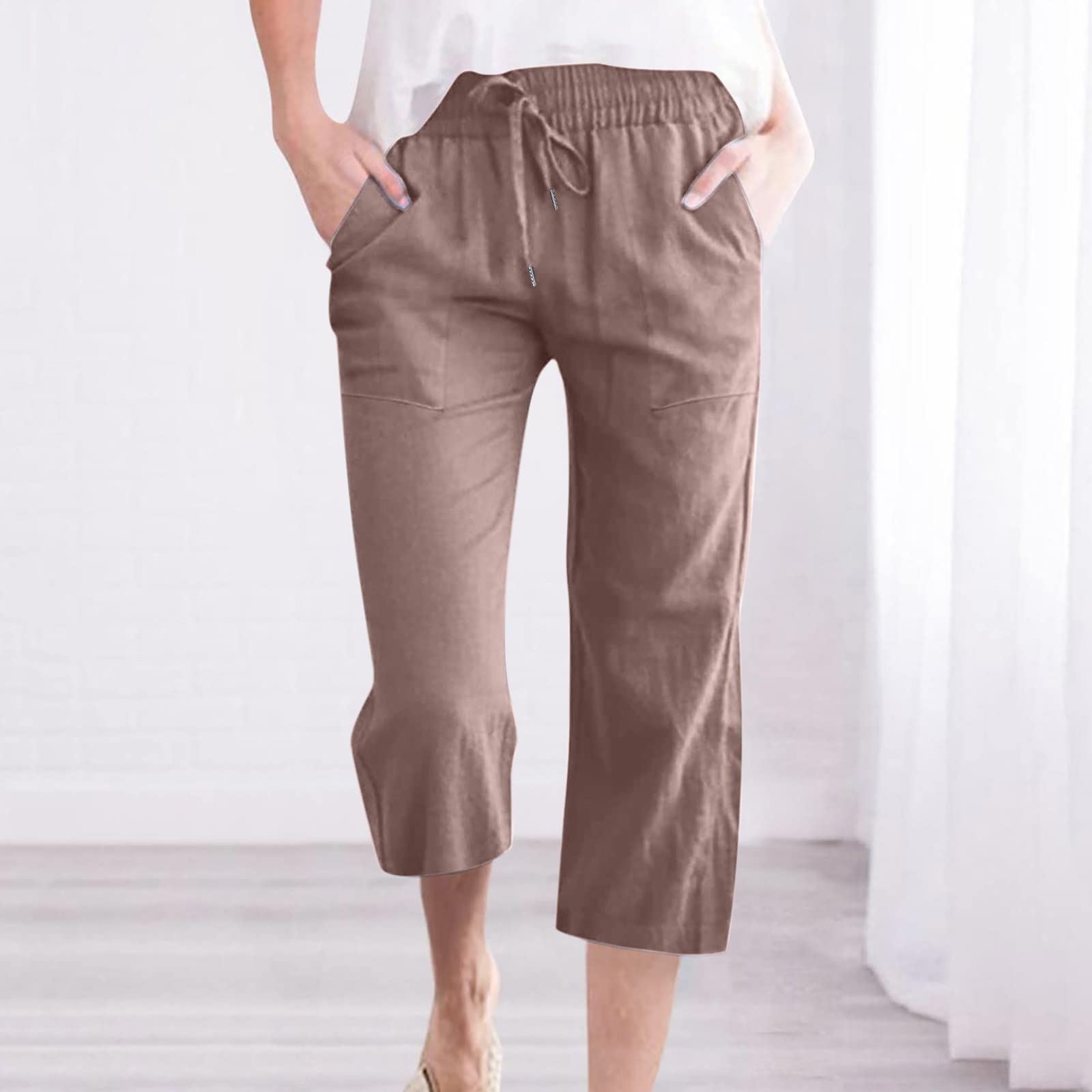 Foto 3 pulgar | Pantalones Capri De Lino Marrón Con Bolsillos Para Mujer, Verano 2025, Xxxxl - Venta Internacional.