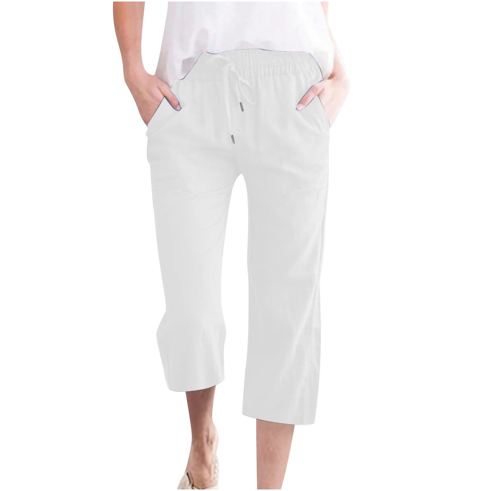 Foto 2 pulgar | Pantalones Capri Para Mujer, Lino Blanco, Cintura Elástica Con Cordón, C08 - Venta Internacional.