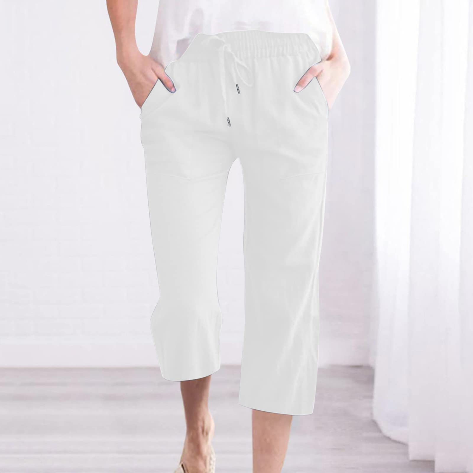Foto 3 pulgar | Pantalones Capri Para Mujer, Lino Blanco, Cintura Elástica Con Cordón, C08 - Venta Internacional.