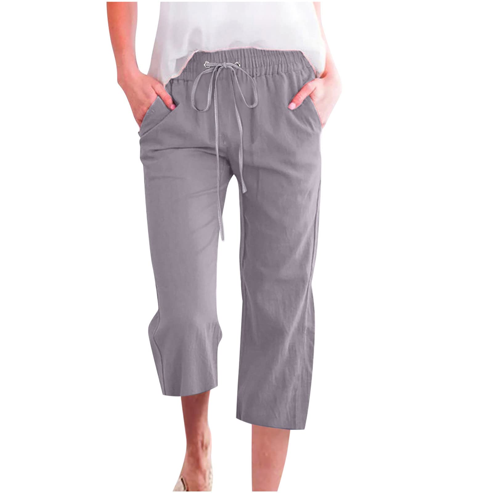 Foto 2 pulgar | Pantalones Capri De Cintura Alta Para Mujer, Lino De Verano, Gris, Xxxl - Venta Internacional.