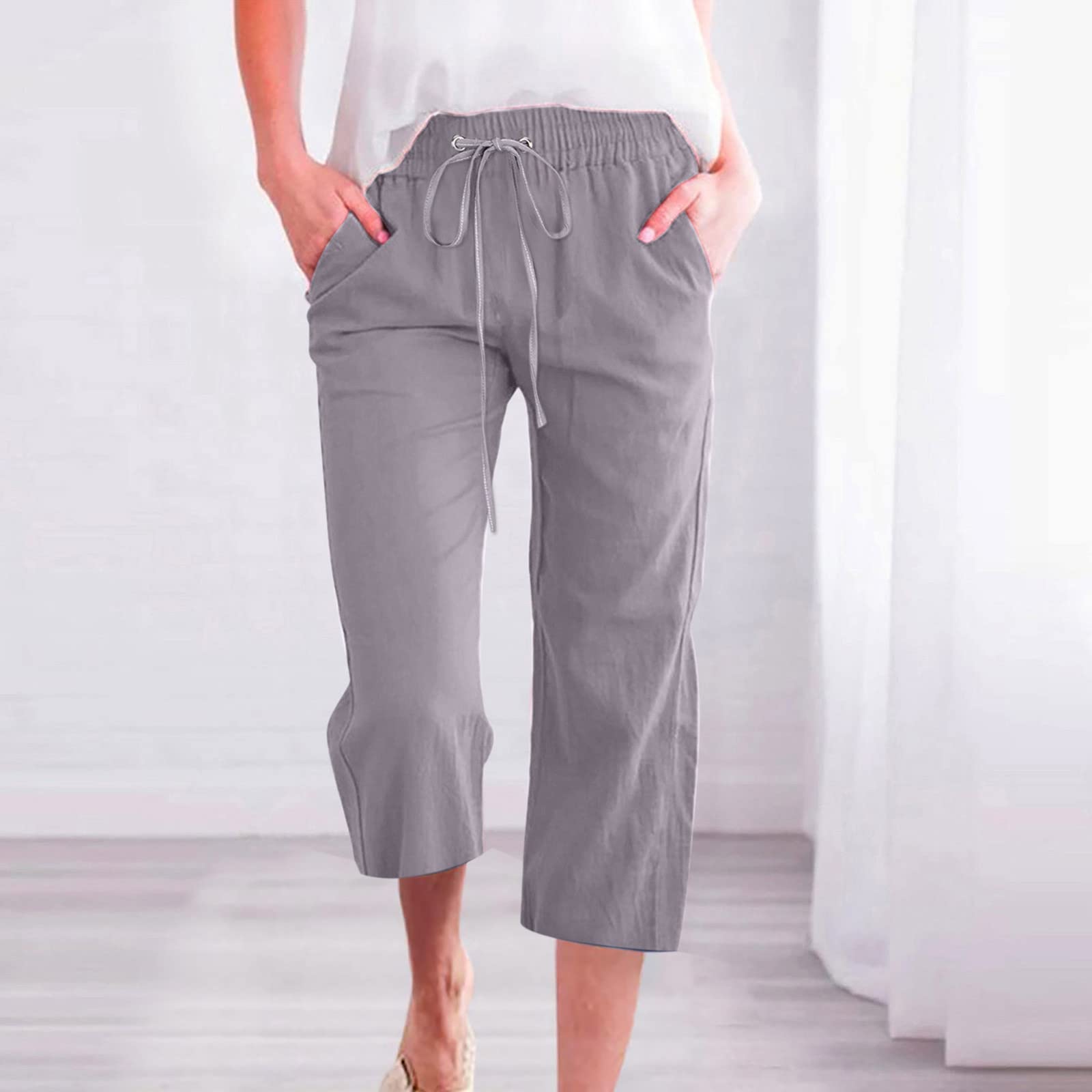 Foto 3 pulgar | Pantalones Capri De Cintura Alta Para Mujer, Lino De Verano, Gris, Xxxl - Venta Internacional.