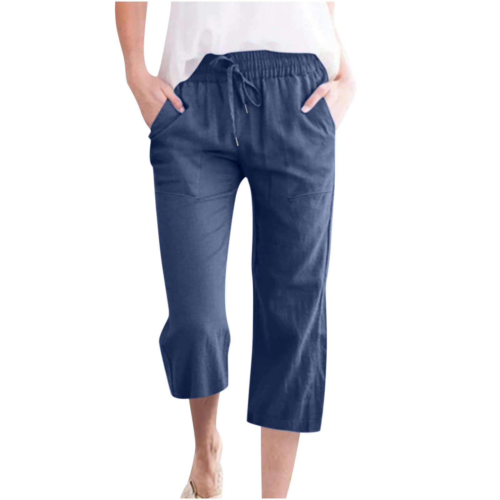 Foto 2 pulgar | Pantalones Capri Para Mujer, Casuales, Verano 2025, Con Cordón Elástico, Azul - Venta Internacional.