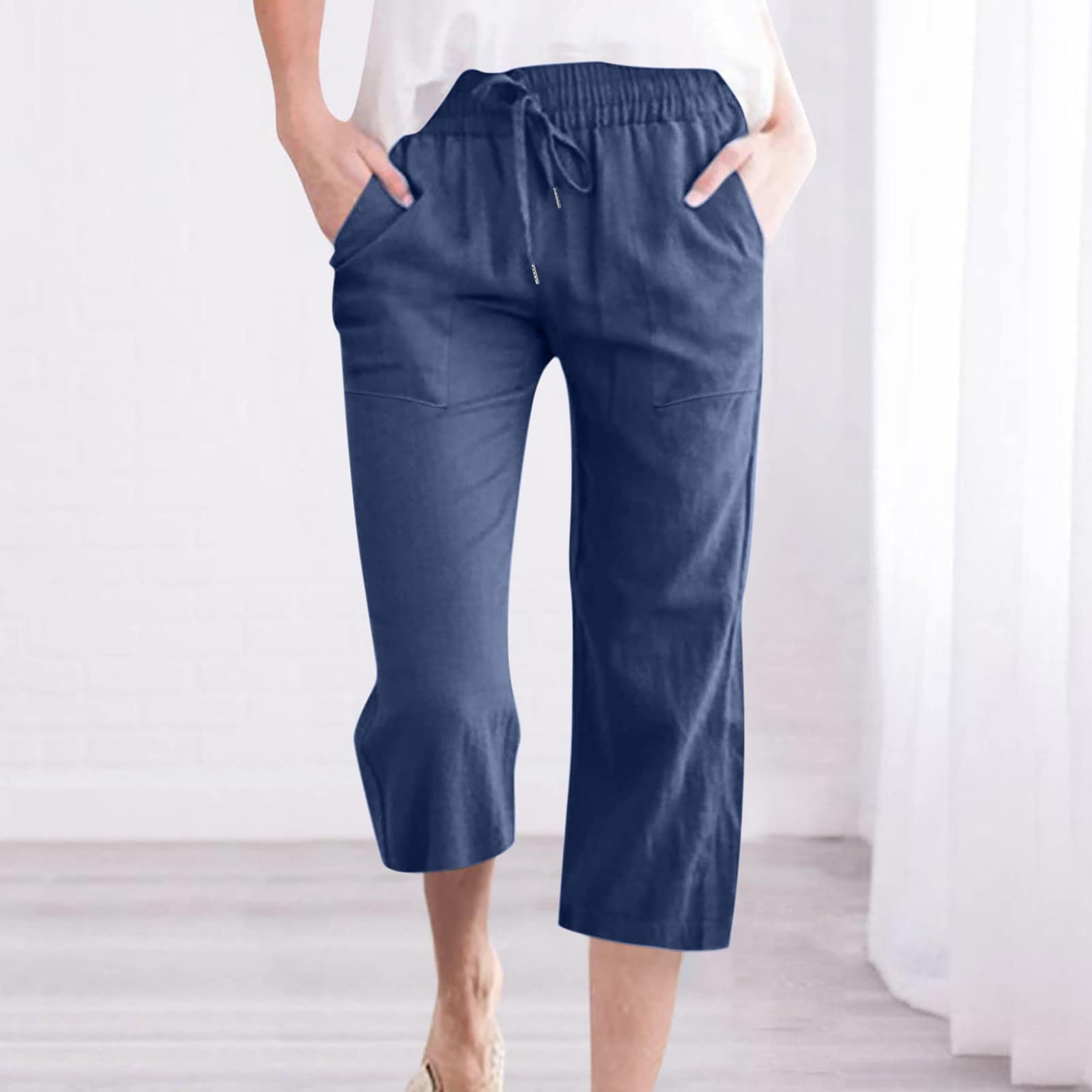 Foto 3 pulgar | Pantalones Capri Para Mujer, Casuales, Verano 2025, Con Cordón Elástico, Azul - Venta Internacional.