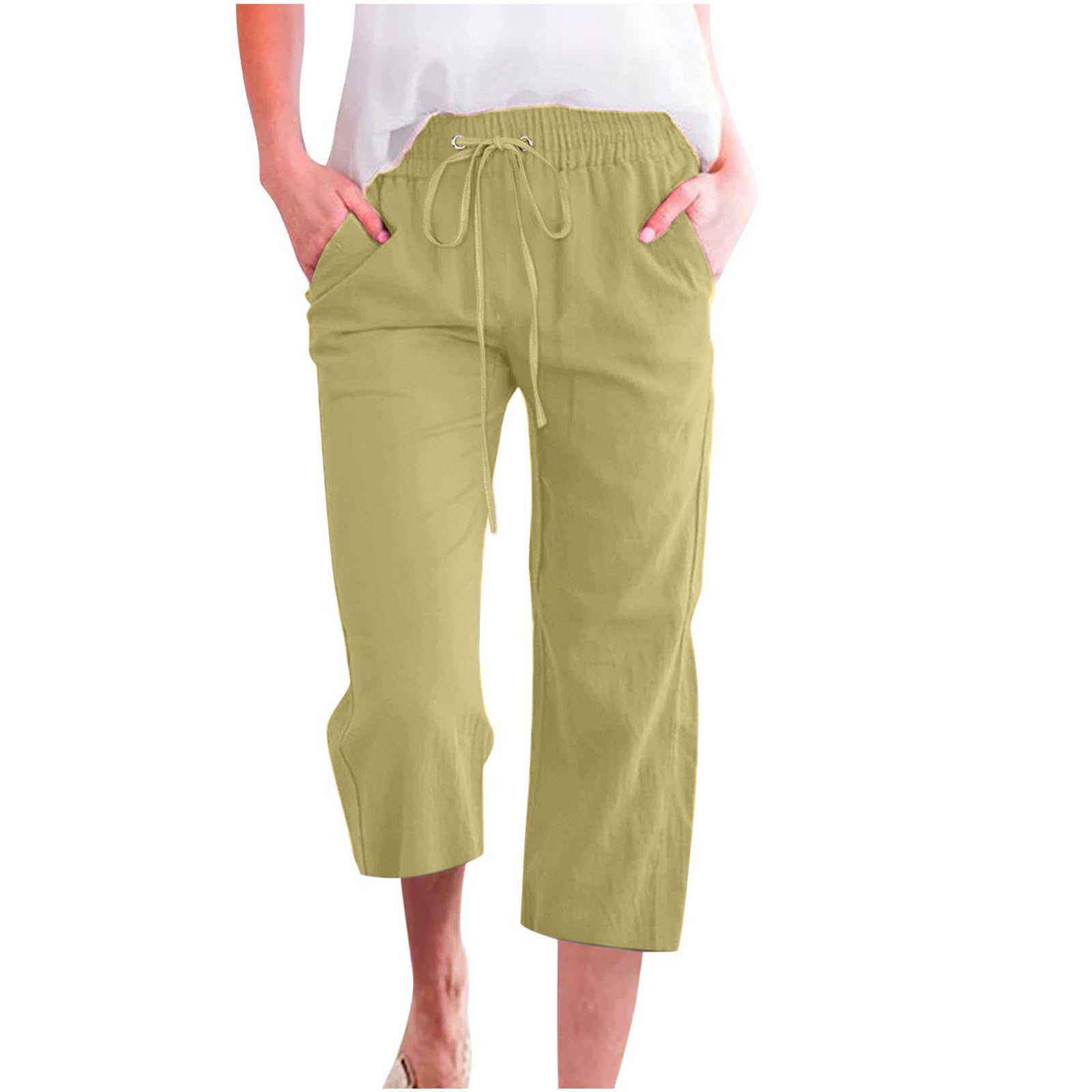 Foto 2 pulgar | Pantalones Capris Y Cortos Para Mujer, Cintura Elástica, Lino, Verde - Venta Internacional.