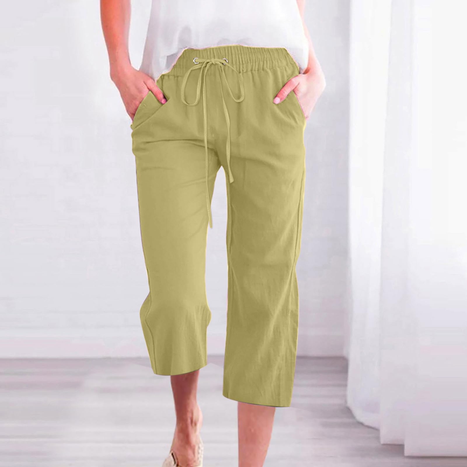 Foto 3 pulgar | Pantalones Capris Y Cortos Para Mujer, Cintura Elástica, Lino, Verde - Venta Internacional.