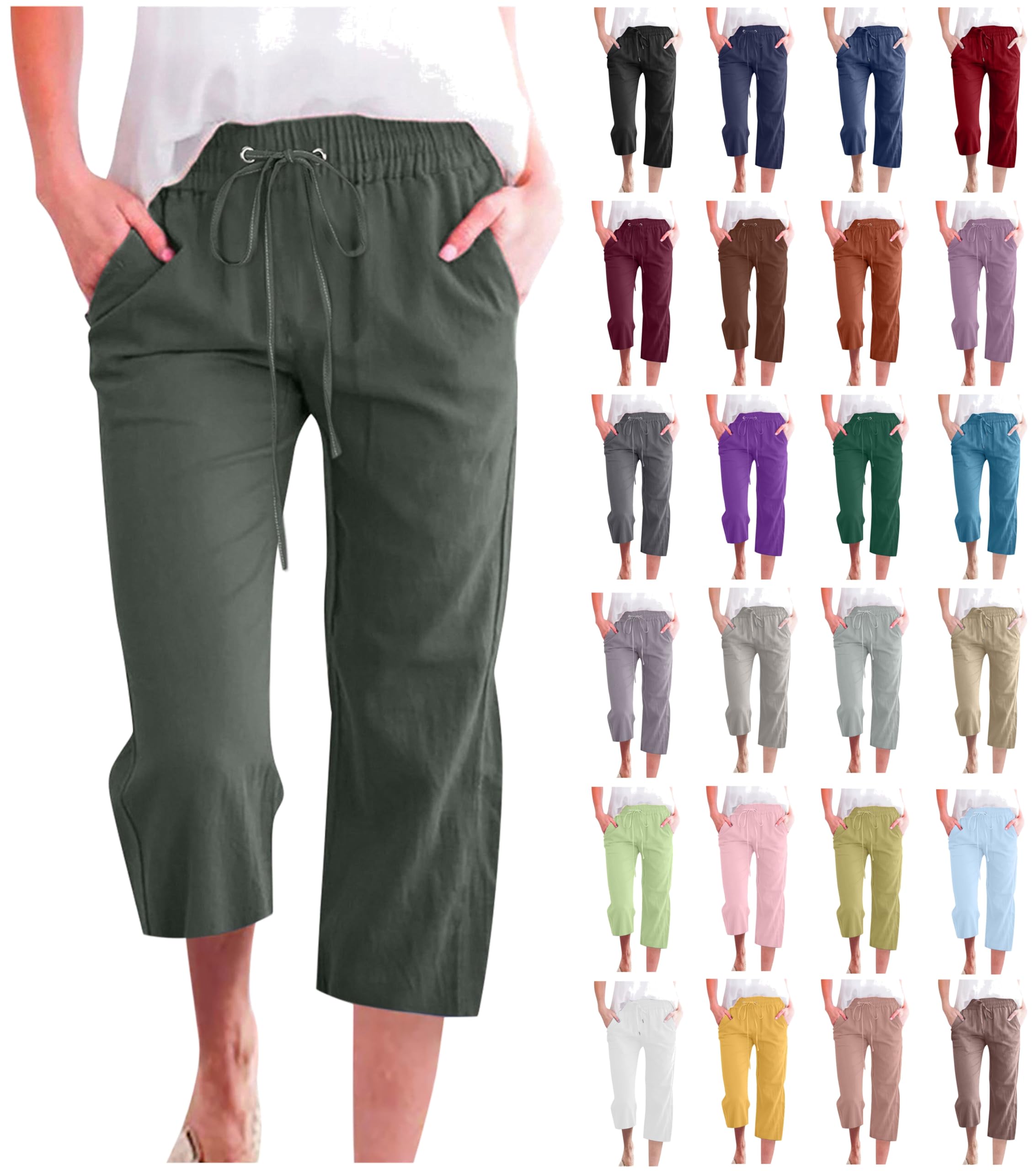 Foto 2 pulgar | Ropa De Lino, Pantalones Capri Para Mujer, Casual, Verano, Verde - Venta Internacional.