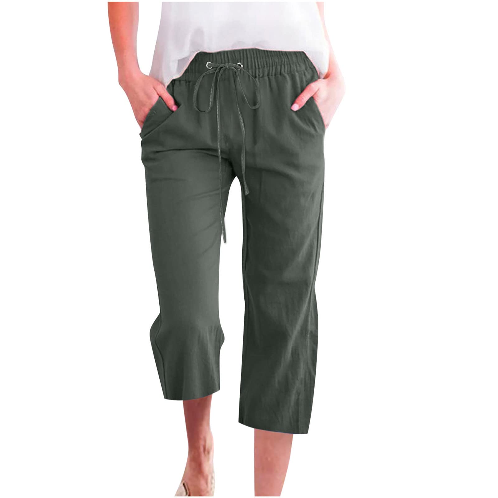 Foto 3 pulgar | Ropa De Lino, Pantalones Capri Para Mujer, Casual, Verano, Verde - Venta Internacional.
