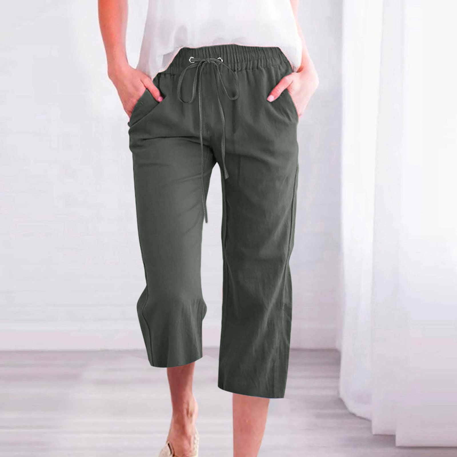 Foto 4 pulgar | Ropa De Lino, Pantalones Capri Para Mujer, Casual, Verano, Verde - Venta Internacional.
