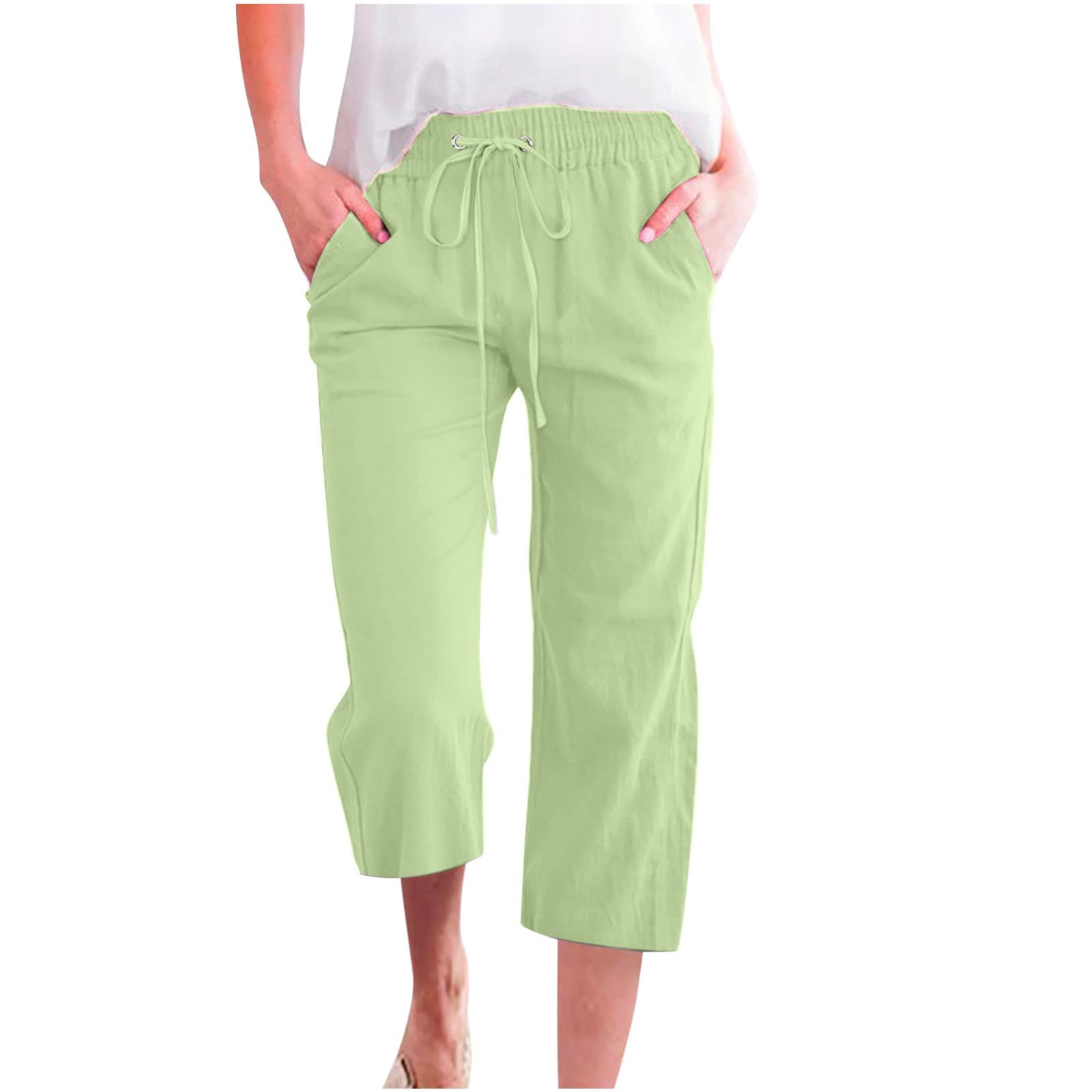Foto 2 pulgar | Pantalones De Lino Para Mujer Con Cintura Elástica Capris D04 Green Xxxxl - Venta Internacional.