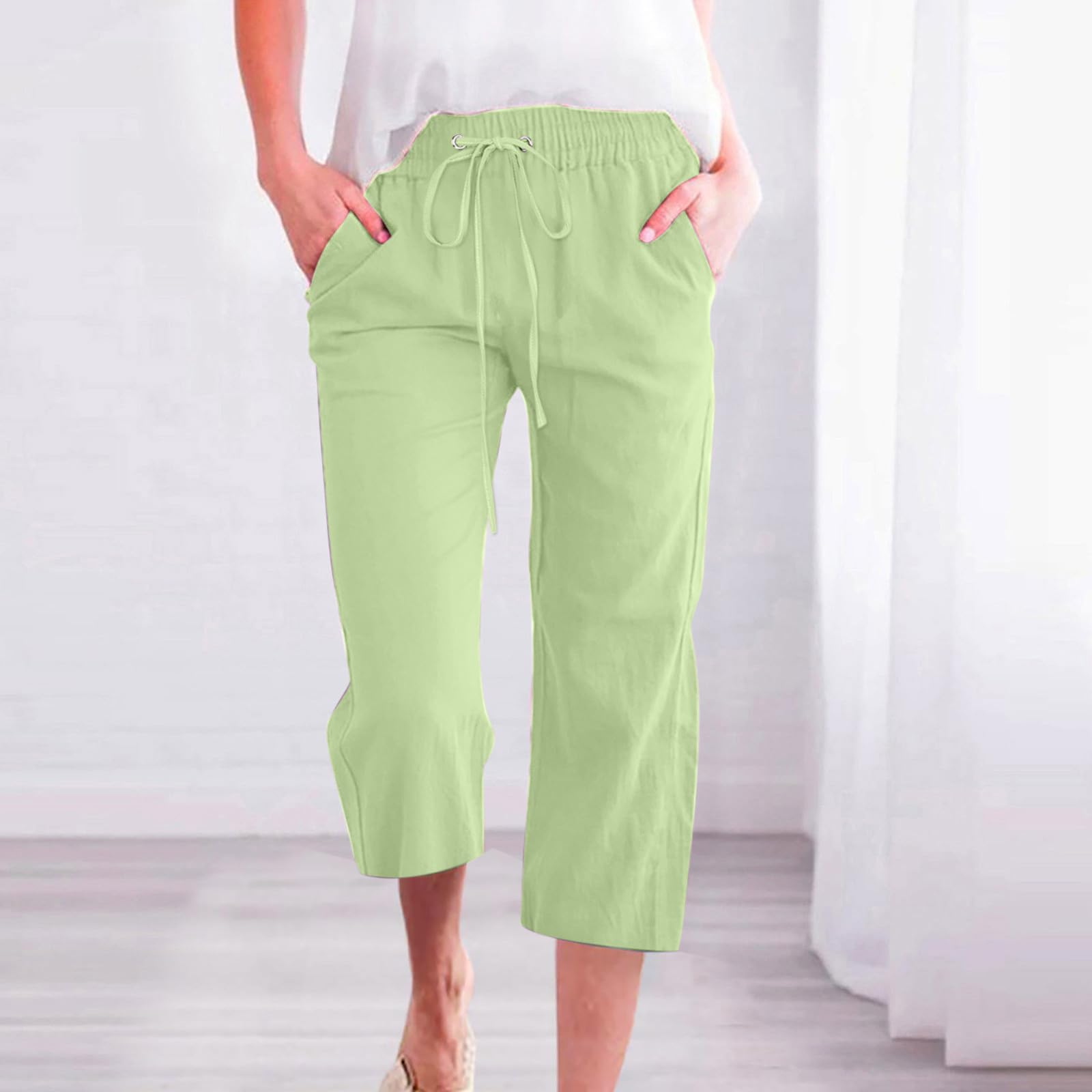 Foto 3 pulgar | Pantalones De Lino Para Mujer Con Cintura Elástica Capris D04 Green Xxxxl - Venta Internacional.