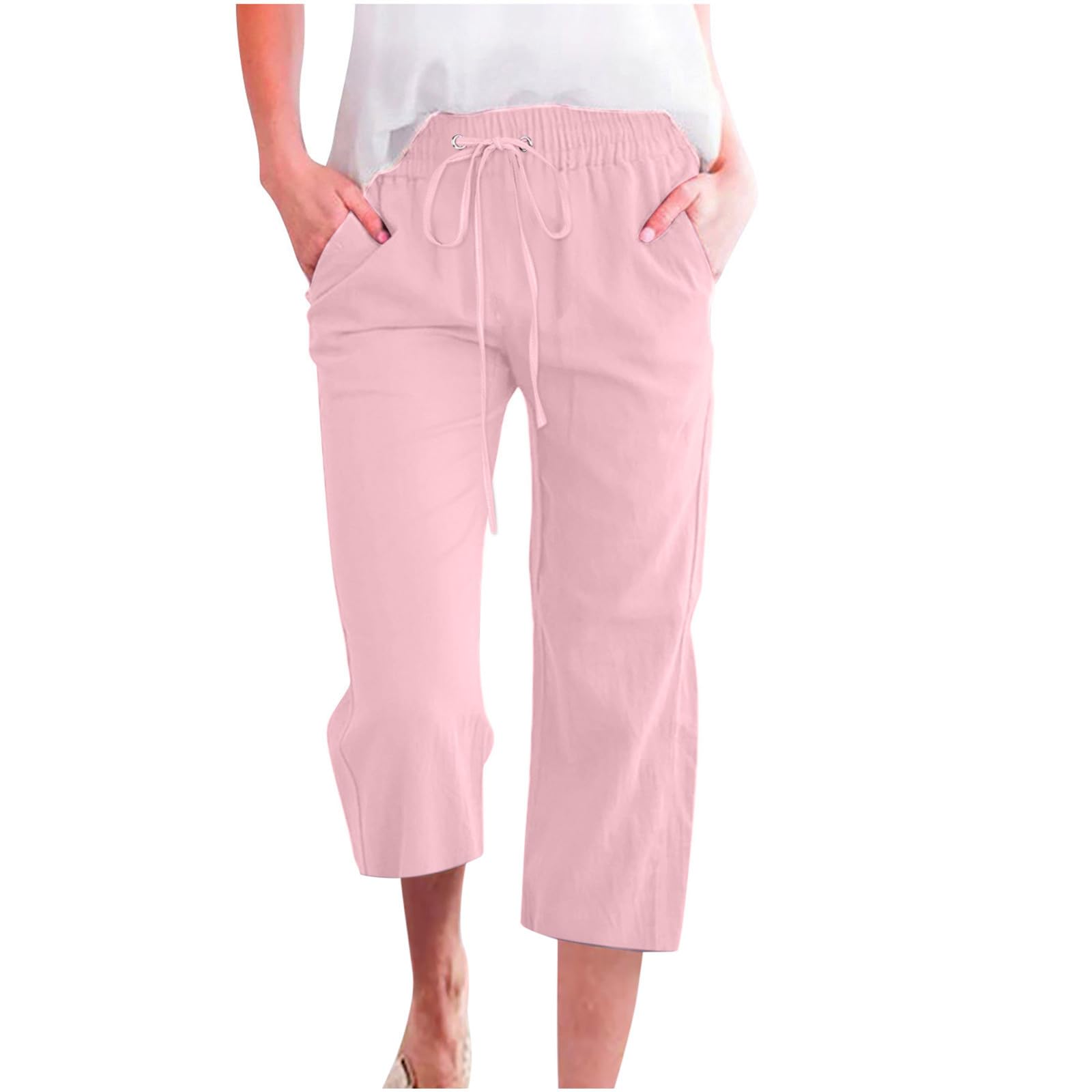 Foto 2 pulgar | Pantalones De Lino Palazzo Capri Para Mujer, Verano 2025, Color Rosa, Talla Xl - Venta Internacional.