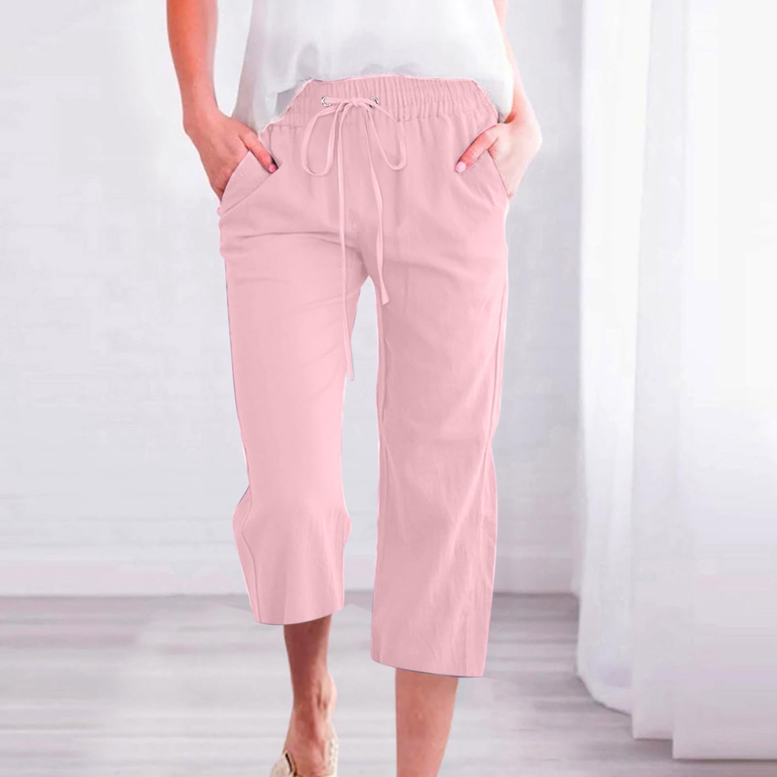 Foto 3 pulgar | Pantalones De Lino Palazzo Capri Para Mujer, Verano 2025, Color Rosa, Talla Xl - Venta Internacional.