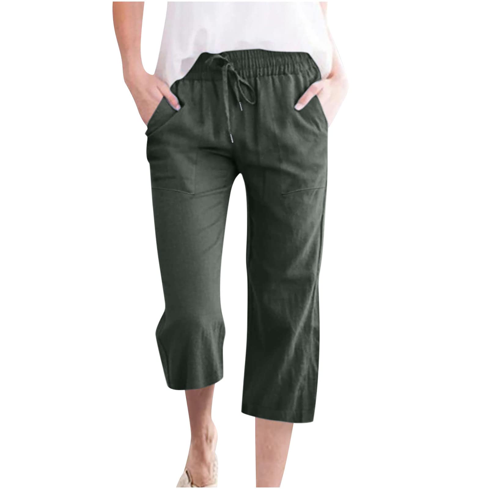 Foto 2 pulgar | Pantalones Capri De Lino Para Mujer, Elástico, Cintura Alta, Color Verde - Venta Internacional.