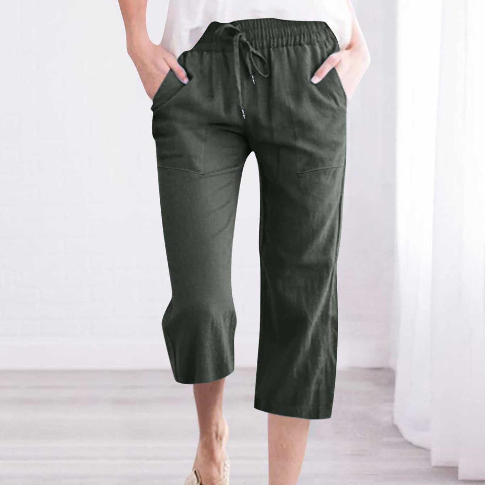 Foto 3 pulgar | Pantalones Capri De Lino Para Mujer, Elástico, Cintura Alta, Color Verde - Venta Internacional.