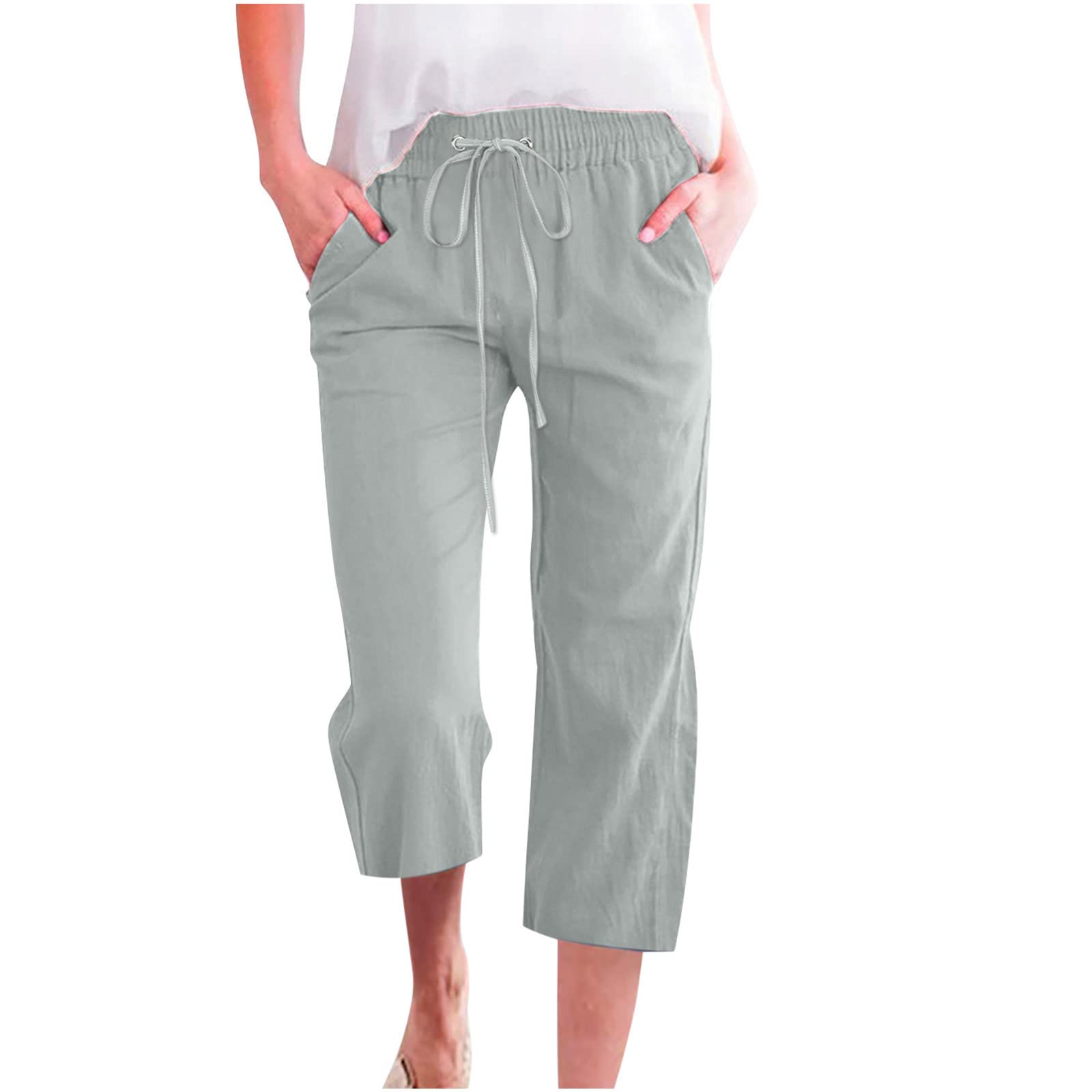 Foto 2 pulgar | Pantalones Capri De Lino Para Mujer, Talla Grande, Cintura Elástica - Venta Internacional.