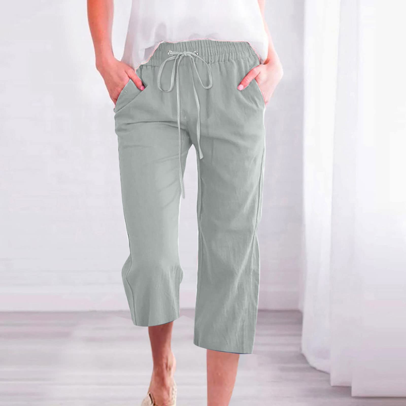 Foto 3 pulgar | Pantalones Capri De Lino Para Mujer, Talla Grande, Cintura Elástica - Venta Internacional.