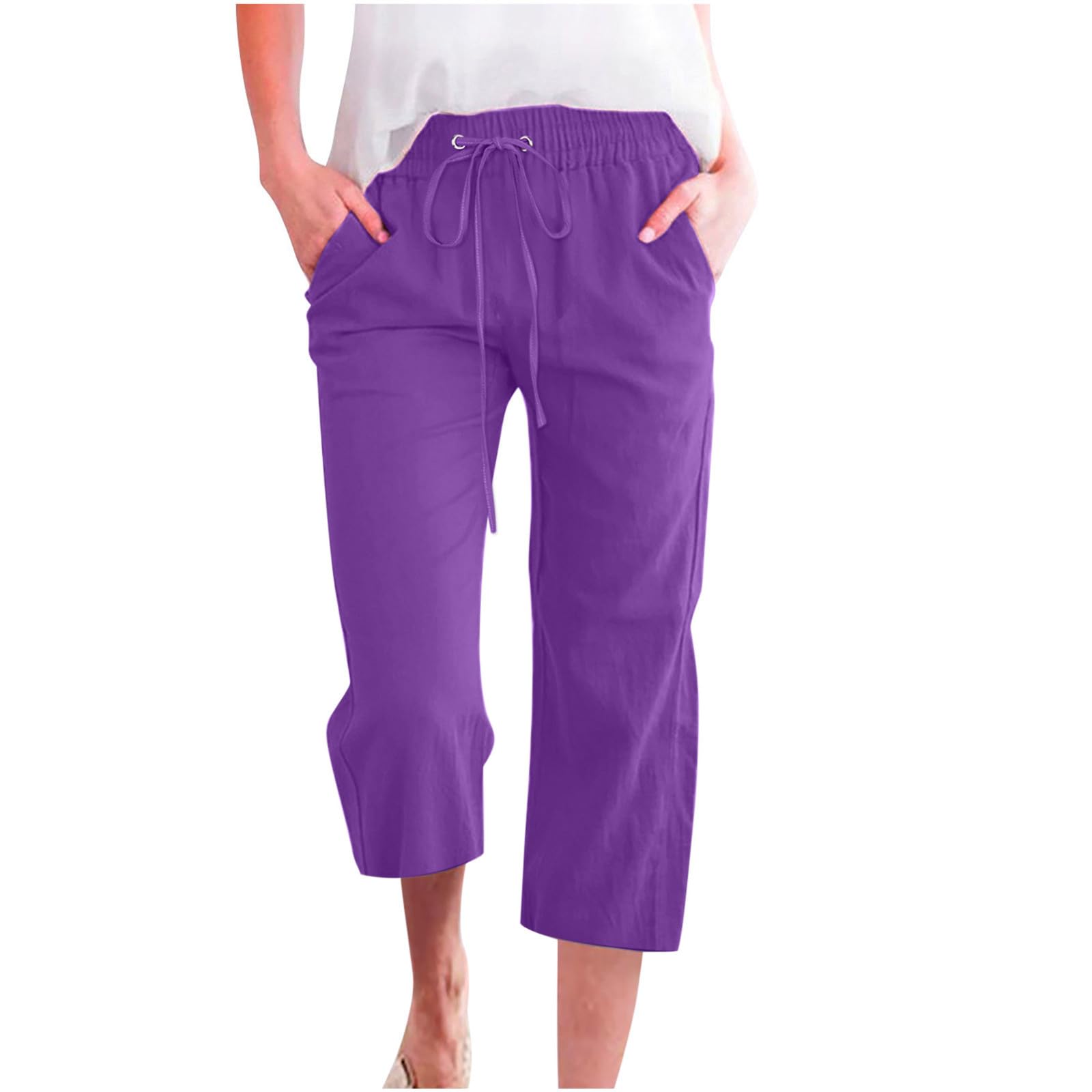 Foto 2 pulgar | Pantalones Capris De Lino De Cintura Alta Para Mujer, Talla Grande, Color Morado - Venta Internacional.