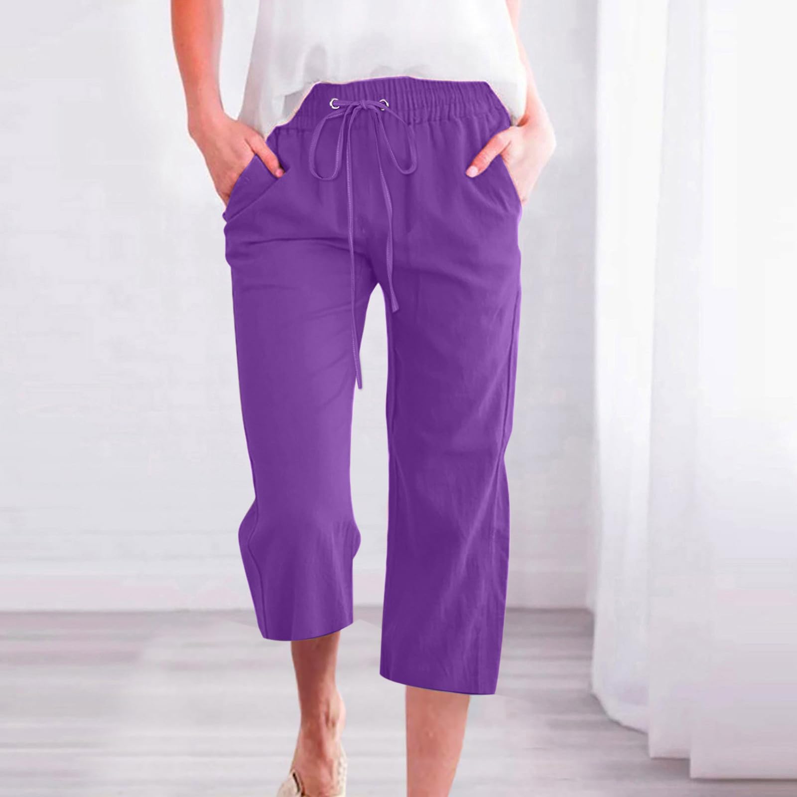 Foto 3 pulgar | Pantalones Capris De Lino De Cintura Alta Para Mujer, Talla Grande, Color Morado - Venta Internacional.