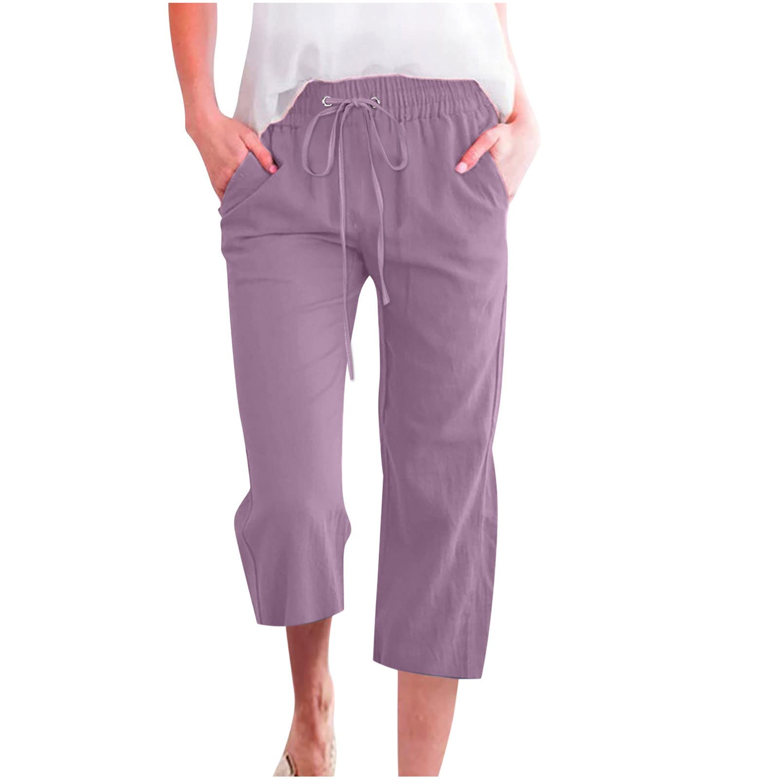 Foto 2 pulgar | Pantalones Capri Para Mujer, Talla Grande, Lino, Cintura Alta, Color Morado - Venta Internacional.