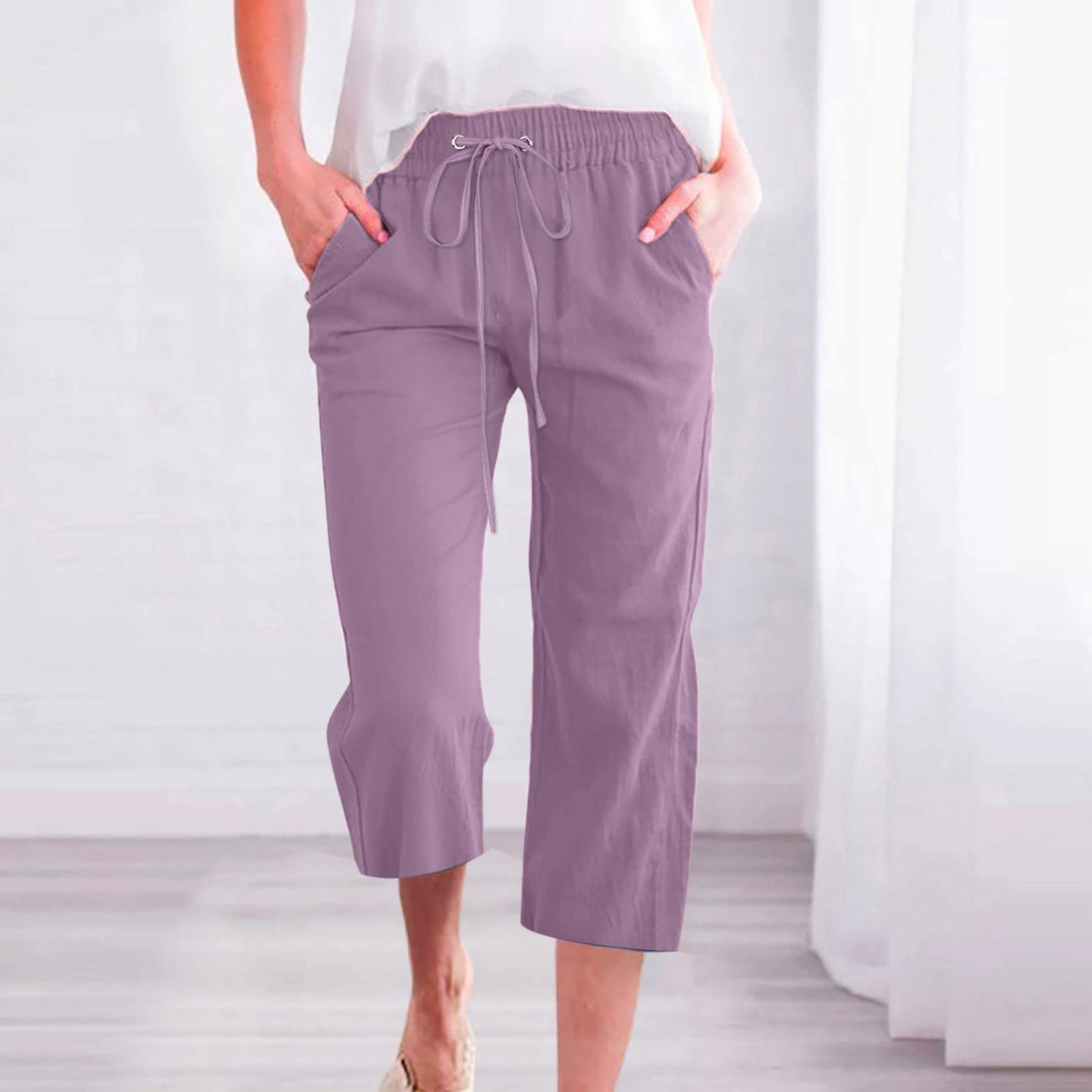 Foto 3 pulgar | Pantalones Capri Para Mujer, Talla Grande, Lino, Cintura Alta, Color Morado - Venta Internacional.