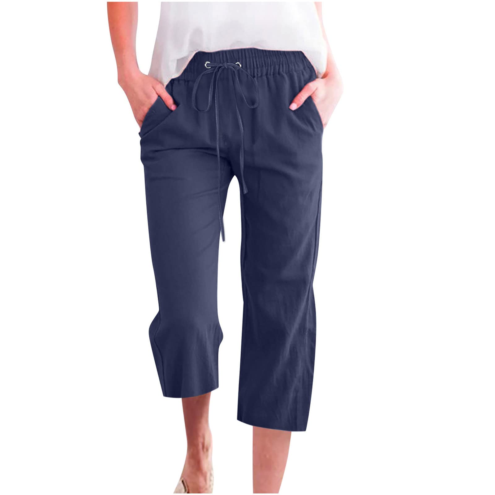 Foto 2 pulgar | Pantalones Capri De Lino Azul Marino, Talla Grande, Para Mujer, 3 X 4 X - Venta Internacional.