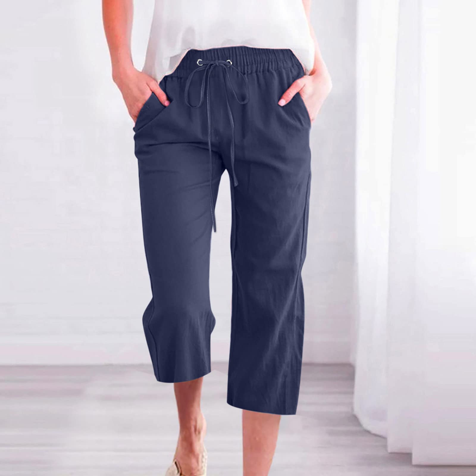 Foto 3 pulgar | Pantalones Capri De Lino Azul Marino, Talla Grande, Para Mujer, 3 X 4 X - Venta Internacional.