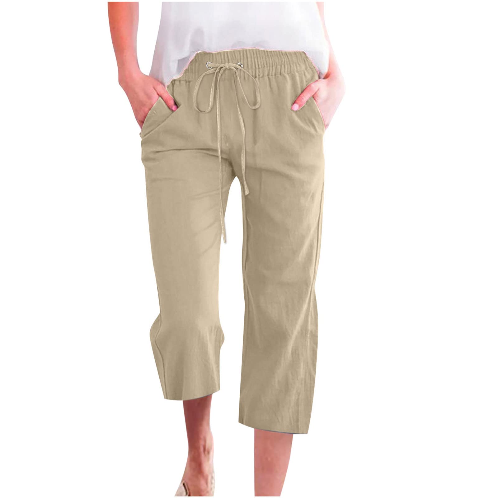 Foto 2 pulgar | Pantalones Capri Elegantes E Informales Para Mujer, Verano 2025, Lino, Beige, Xxxxl - Venta Internacional.