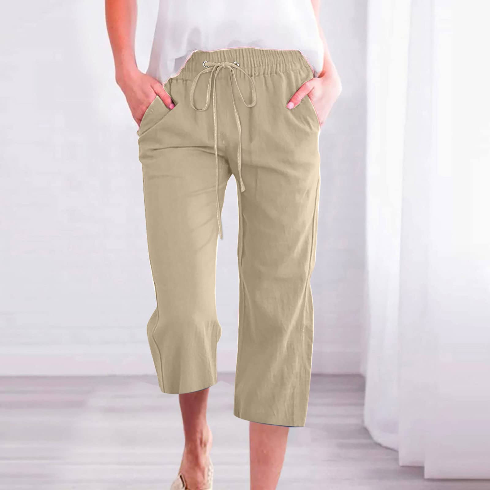 Foto 3 pulgar | Pantalones Capri Elegantes E Informales Para Mujer, Verano 2025, Lino, Beige, Xxxxl - Venta Internacional.