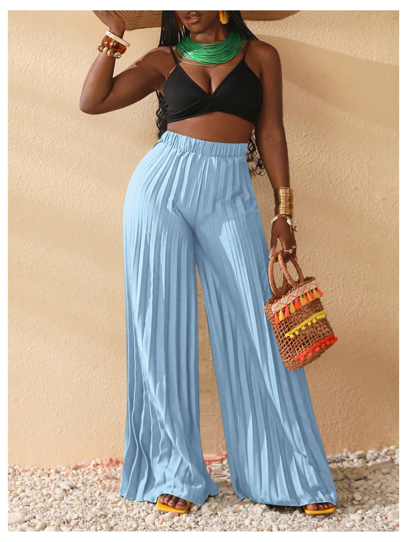 Foto 6 pulgar | Pantalones Plisados Palazzo De Pierna Ancha Soly Hux Para Mujer, Azul Claro - Venta Internacional.
