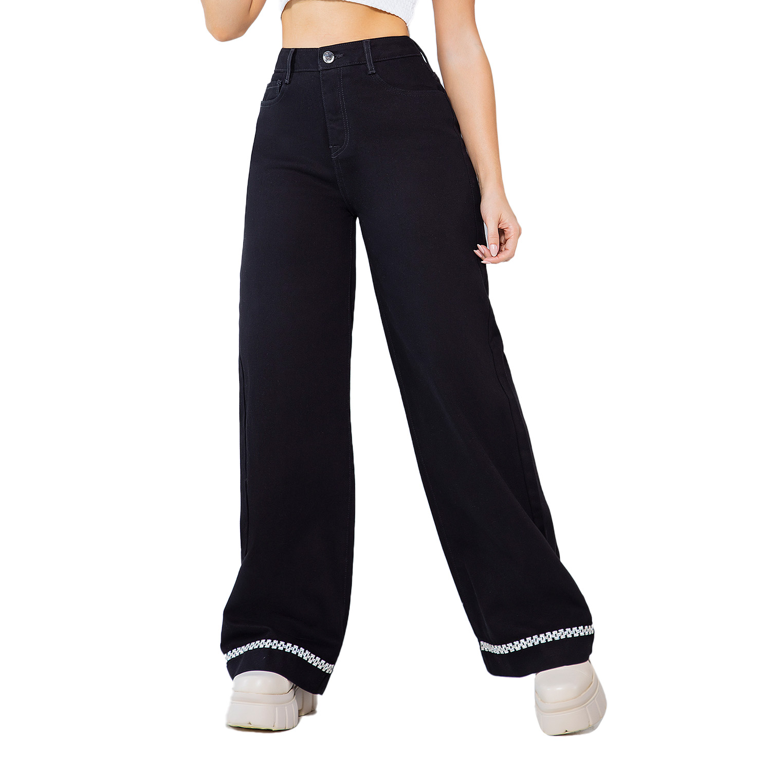 Jeans Mujer Corte Recto Negro Con Detalles Brillantes