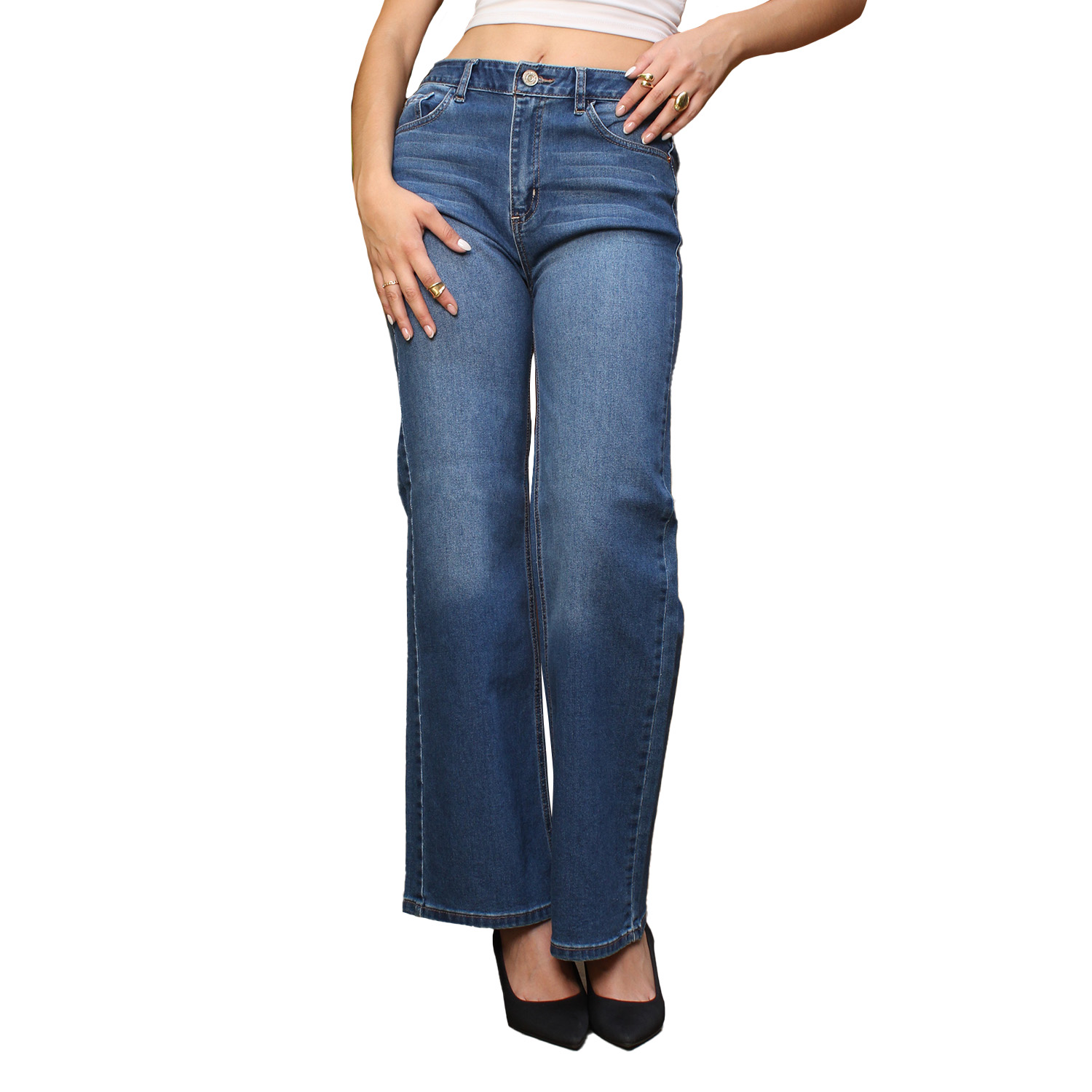 Jeans Mujer Recto Tiro Alto Azul Medio