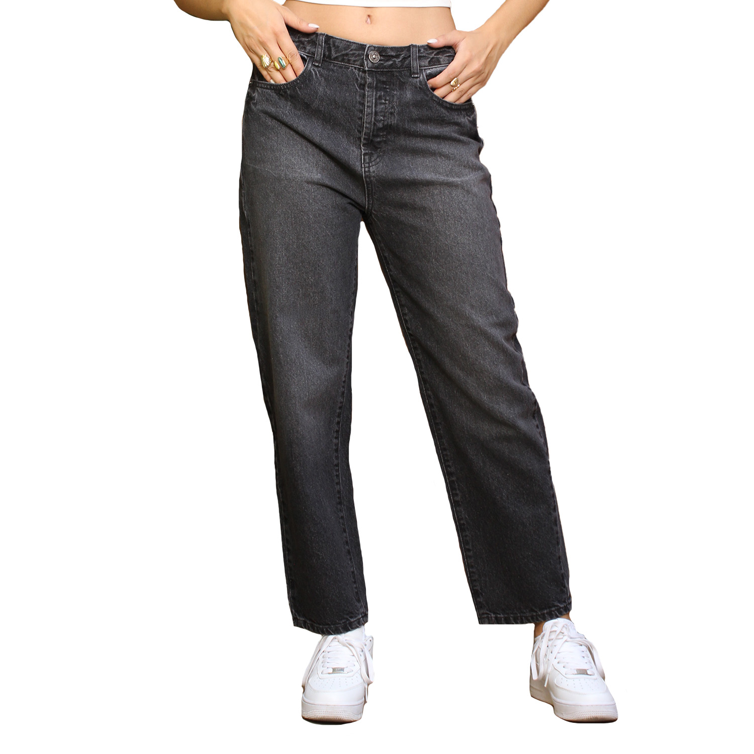Jeans Mujer Tiro Alto Corte Mom Pierna Recta Negro