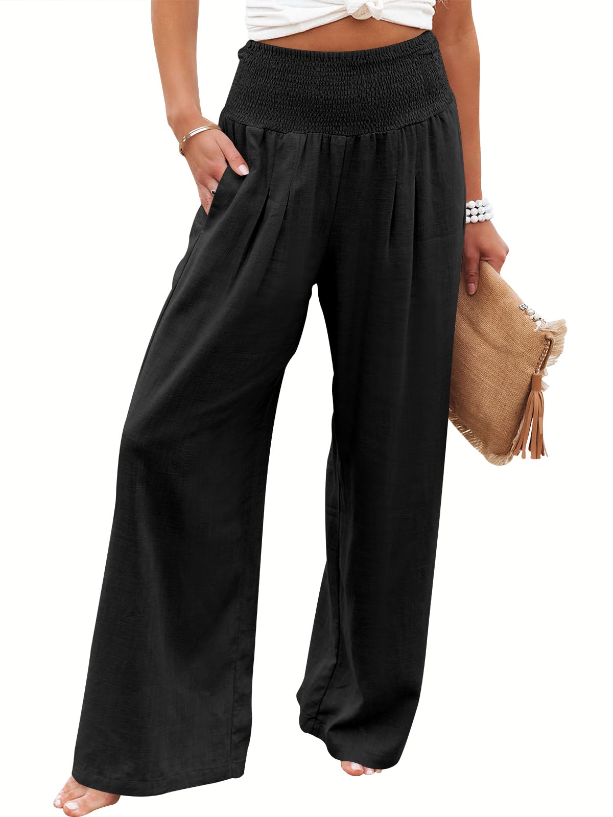 Pantalones Palazzo Anrabess De Lino Para Mujer, Pierna Ancha, Cintura Alta, Negros - Venta Internacional. $1,133