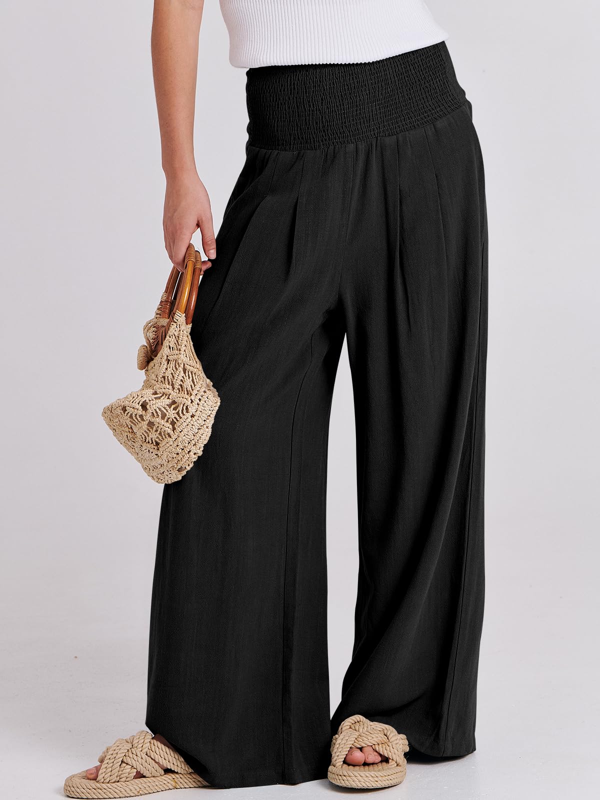 Foto 3 pulgar | Pantalones Palazzo Anrabess De Lino Para Mujer, Pierna Ancha, Cintura Alta, Negros - Venta Internacional.