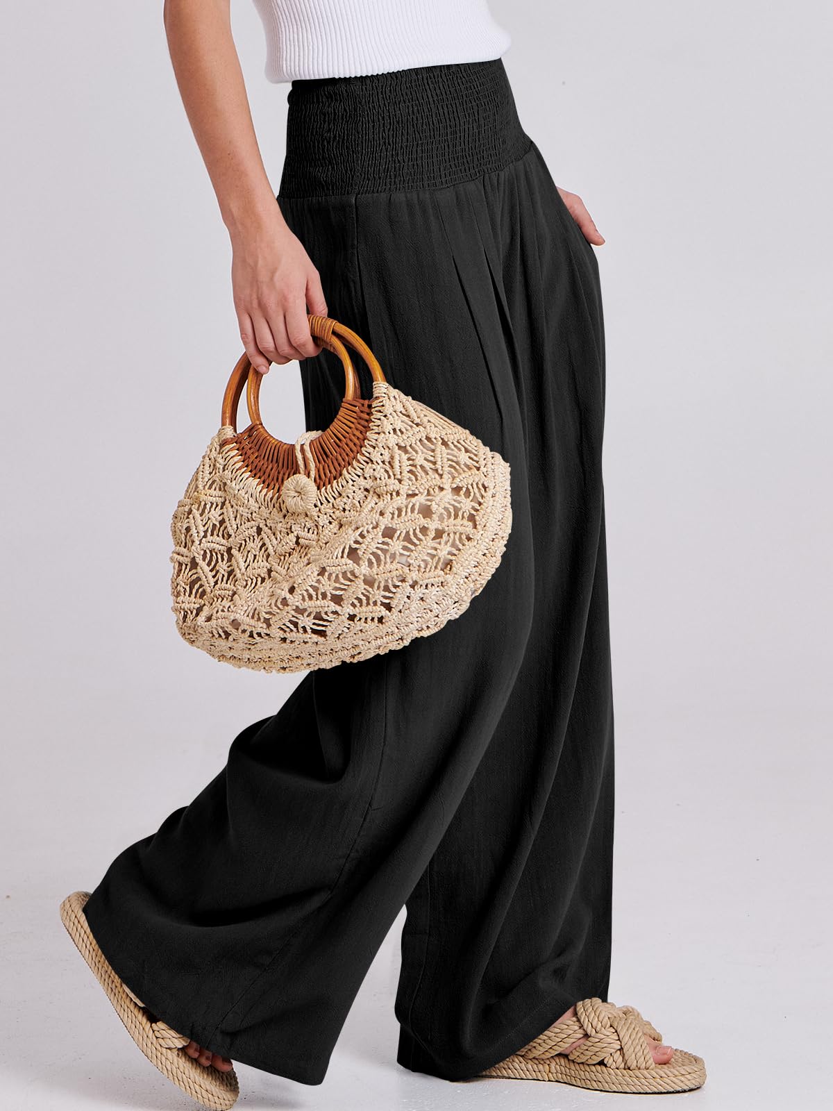 Foto 4 pulgar | Pantalones Palazzo Anrabess De Lino Para Mujer, Pierna Ancha, Cintura Alta, Negros - Venta Internacional.