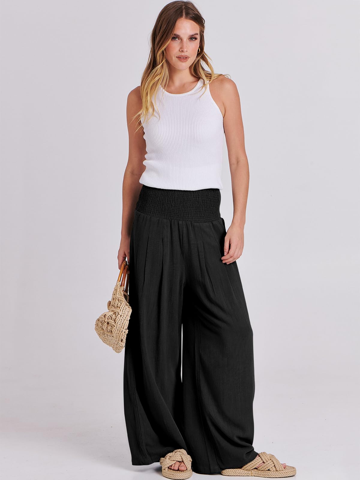 Foto 6 pulgar | Pantalones Palazzo Anrabess De Lino Para Mujer, Pierna Ancha, Cintura Alta, Negros - Venta Internacional.