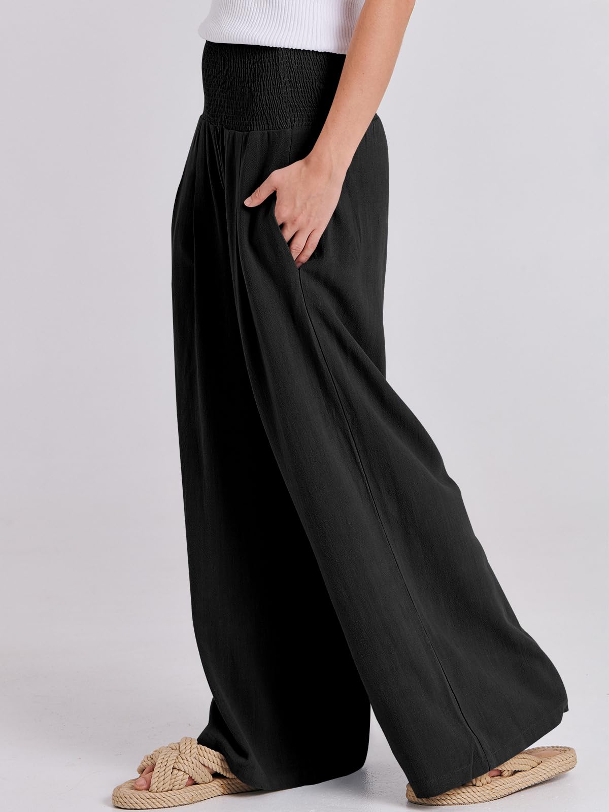 Foto 8 pulgar | Pantalones Palazzo Anrabess De Lino Para Mujer, Pierna Ancha, Cintura Alta, Negros - Venta Internacional.