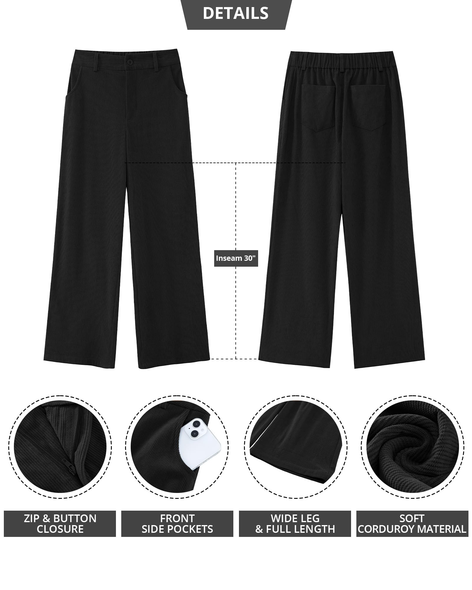 Foto 7 pulgar | Pantalones De Pana De Pierna Ancha Grapent, Cintura Alta, Negros, Talla L - Venta Internacional.